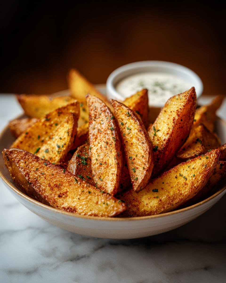 A bowl filled with golden brown, seasoned Kartoffelspalten aus dem Airfryer, served with a side of dip.