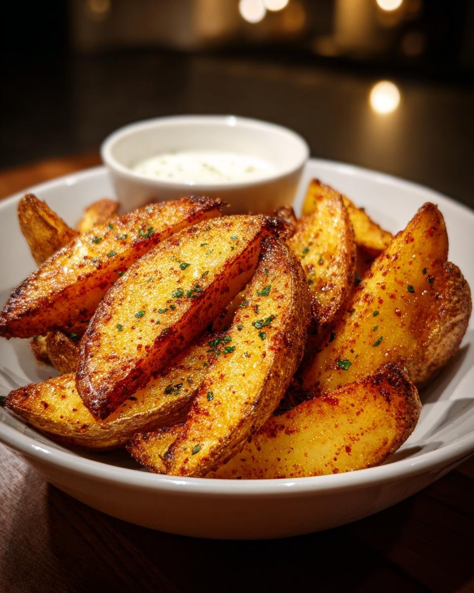 A bowl of golden brown Kartoffelspalten aus dem Airfryer, seasoned with herbs, served with a side of dip.