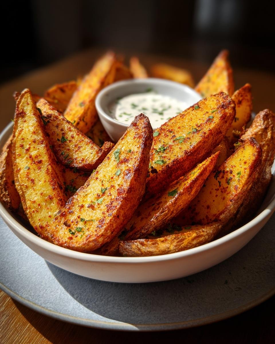 Bowl of golden brown, crispy Kartoffelspalten aus dem Airfryer, seasoned with herbs, served with a dipping sauce.