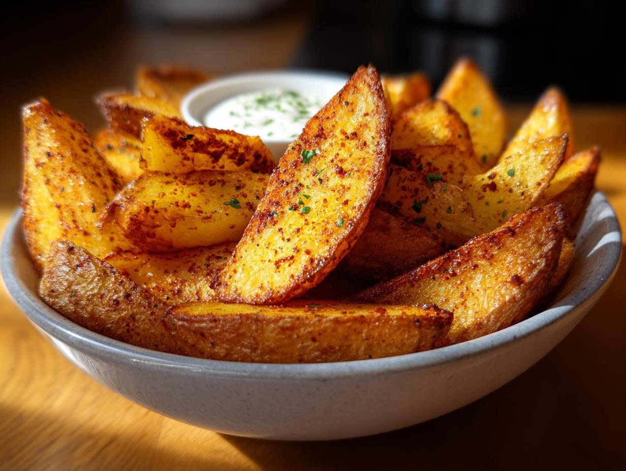 Close-up of golden brown Kartoffelspalten aus dem Airfryer seasoned with spices, served in a bowl with a side of dip.
