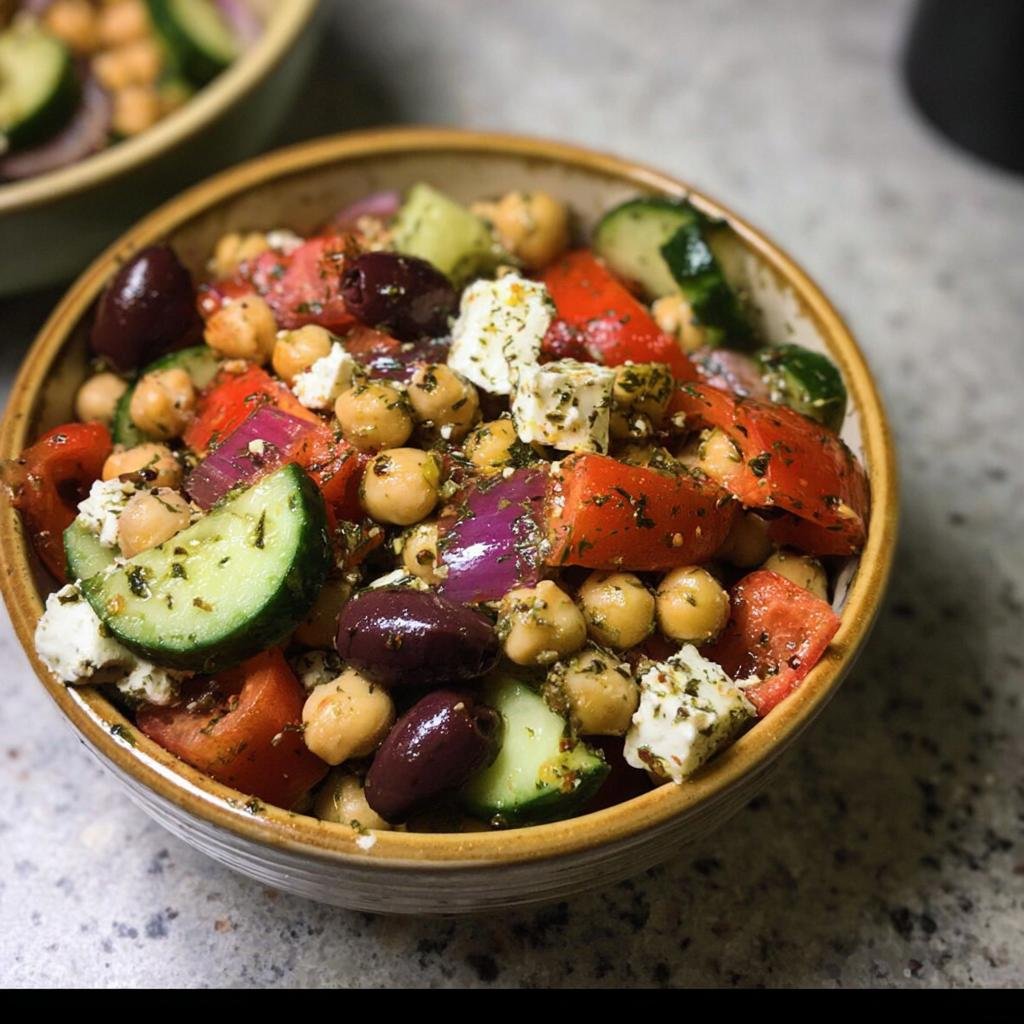 A close-up of a Kichererbsen-Salat mediterran in a bowl, featuring chickpeas, cucumber, tomatoes, red onion, olives, and feta cheese.
