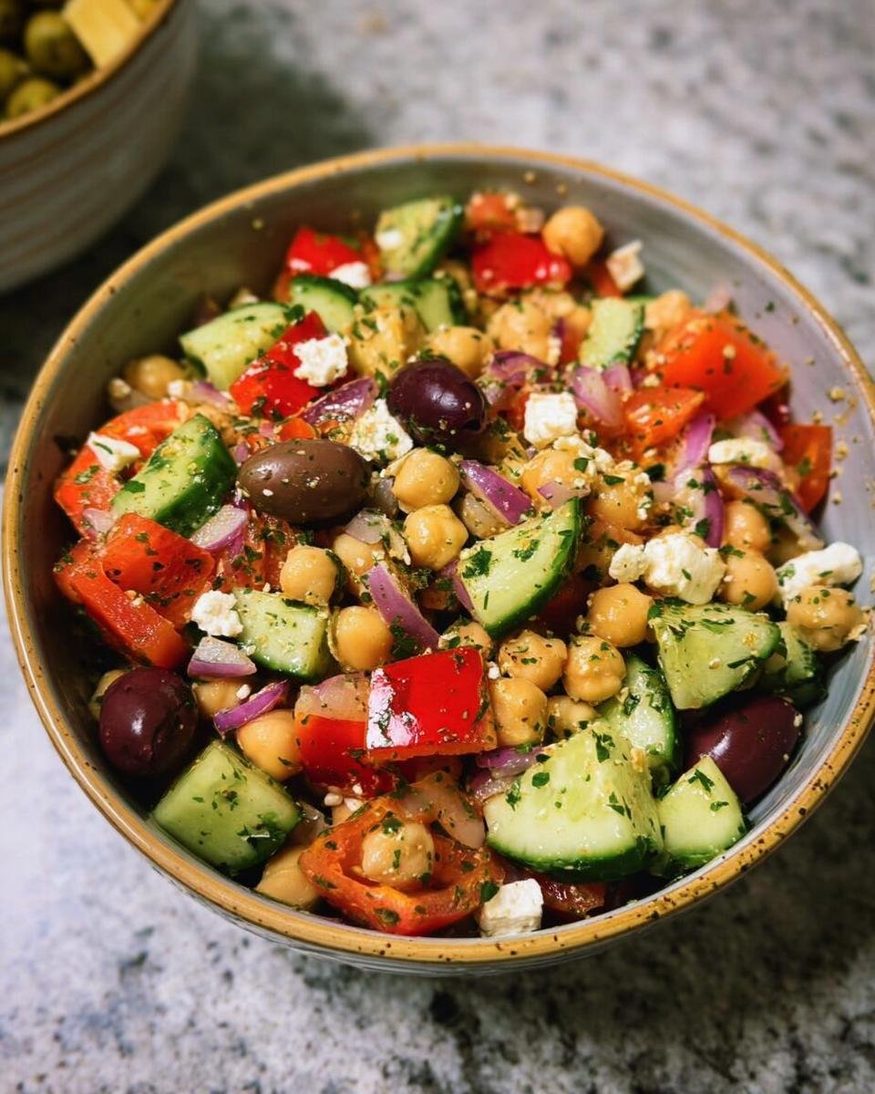 Close-up of a vibrant Kichererbsen-Salat mediterran with chickpeas, cucumber, tomatoes, red onion, olives, and feta cheese.