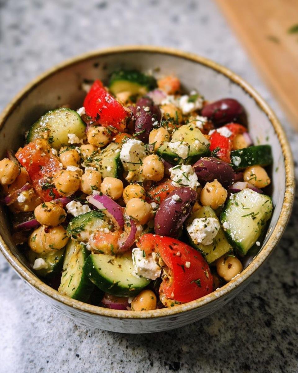Close-up of a vibrant Kichererbsen-Salat mediterran with chickpeas, cucumber, tomatoes, olives, and feta cheese.