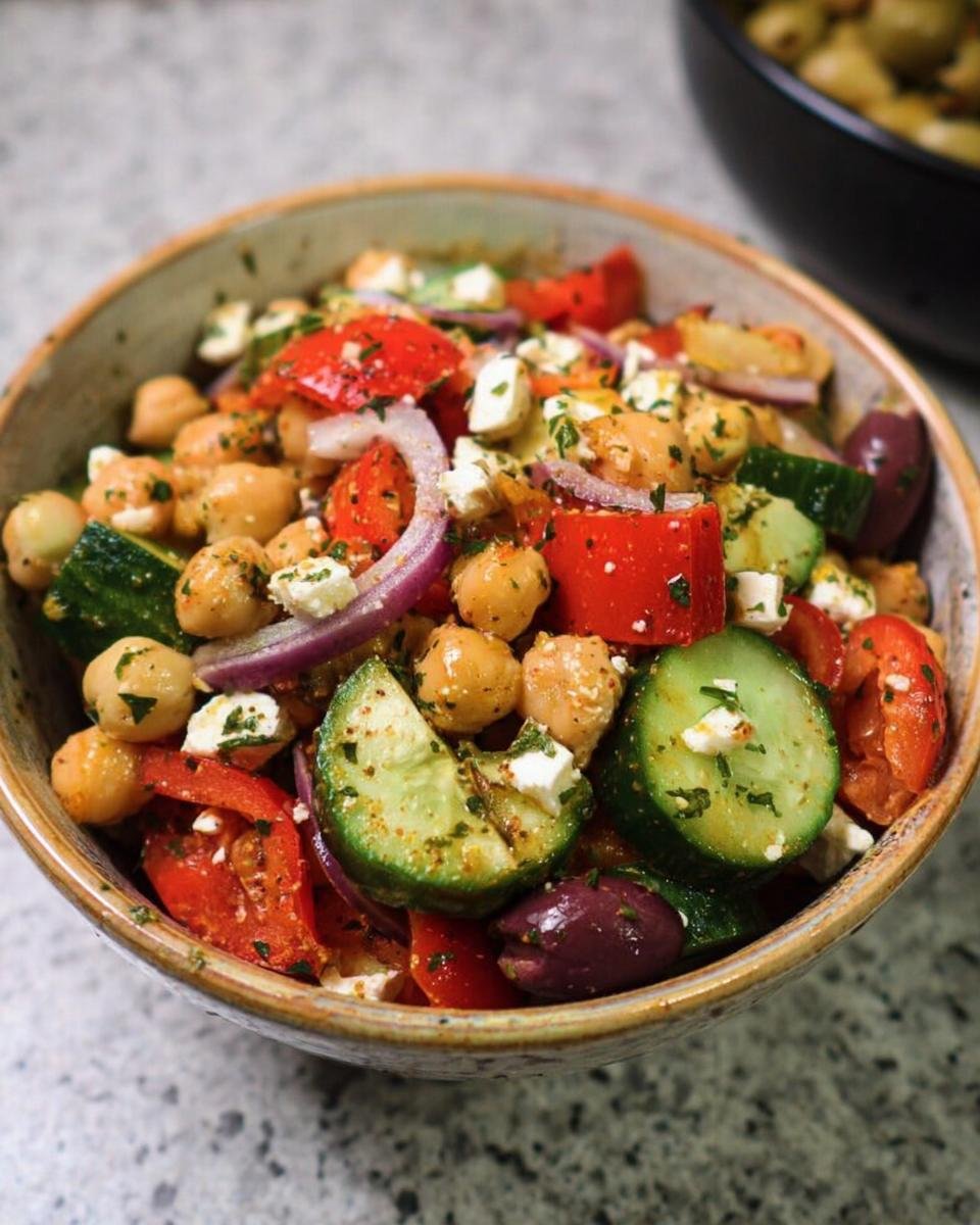 A vibrant Kichererbsen-Salat mediterran in a bowl, featuring chickpeas, cucumber, tomatoes, red onion, olives, and feta cheese.