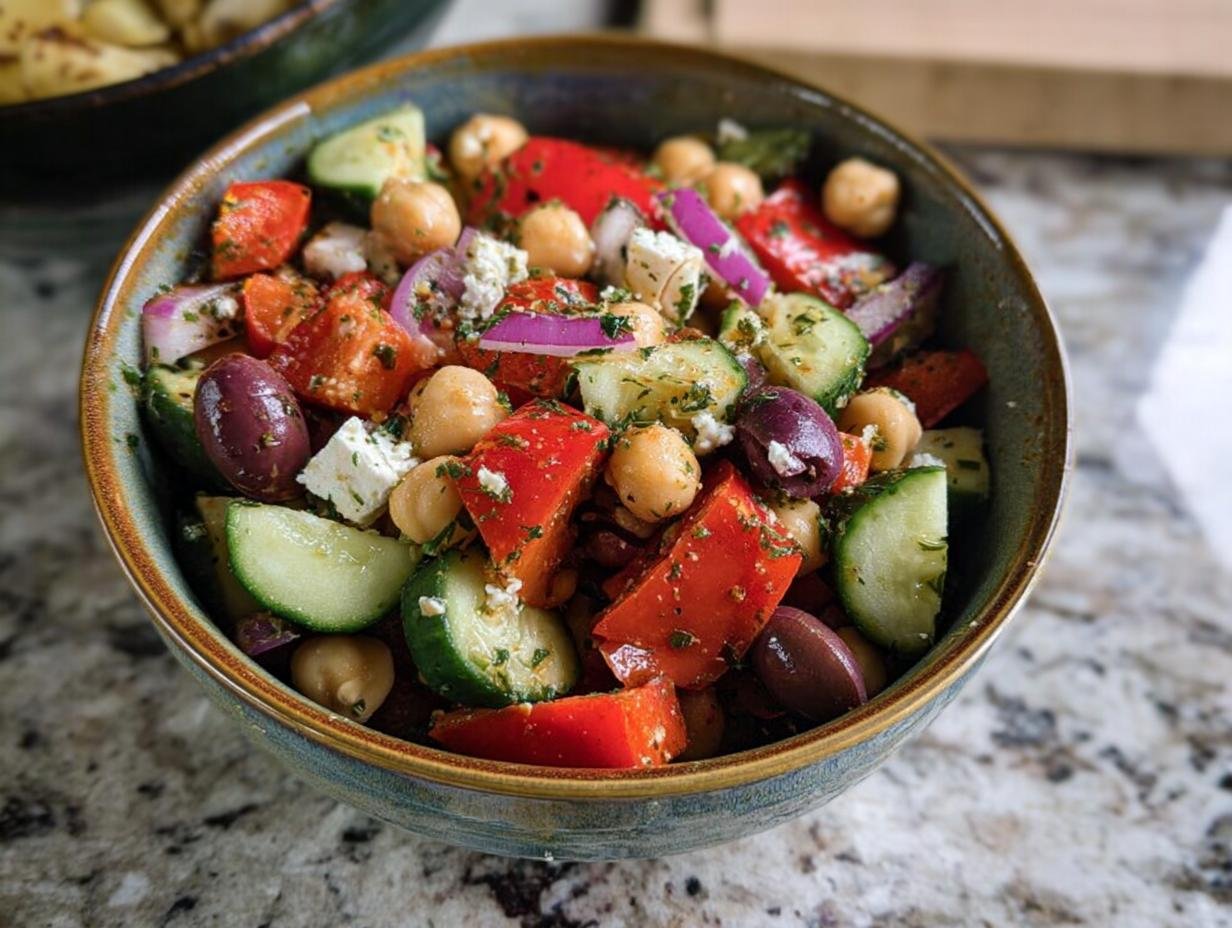 Close-up of a vibrant Kichererbsen-Salat mediterran with chickpeas, cucumber, tomatoes, olives, and feta cheese.