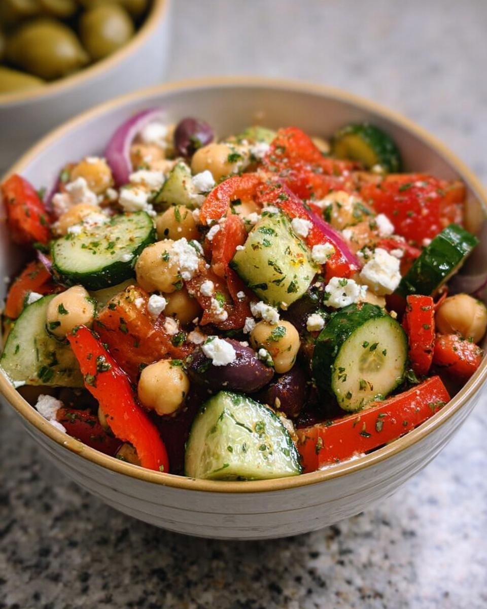 Nahaufnahme einer Schüssel mit Kichererbsen-Salat mediterran, gefüllt mit Kichererbsen, Gurken, Tomaten, Paprika, roten Zwiebeln, Oliven und Feta.