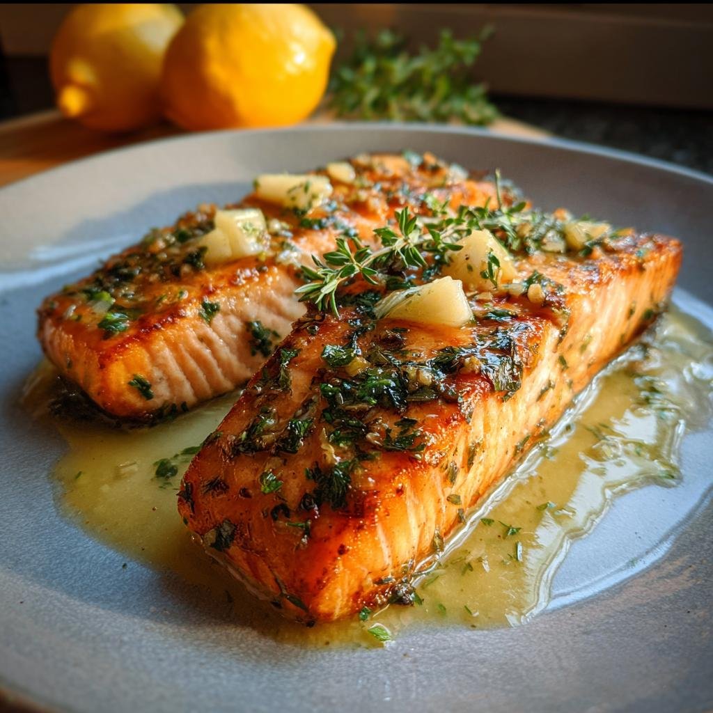 Zwei saftige Lachsfilets aus der Pfanne mit Zitronensaft, garniert mit frischen Kräutern und kleinen Stückchen.