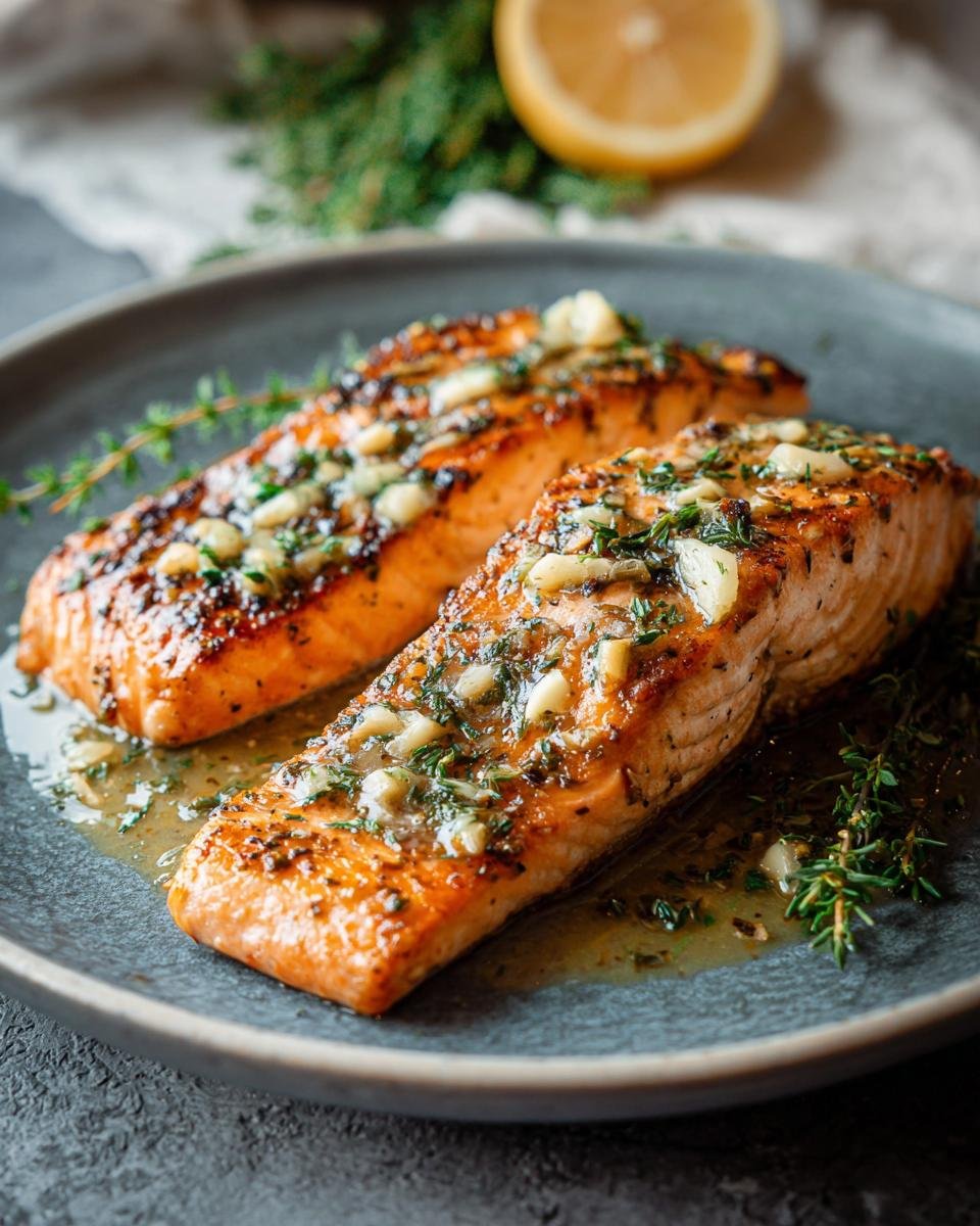 Zwei saftige Lachsfilets aus der Pfanne mit Zitronensaft, Knoblauch und Kräutern garniert.
