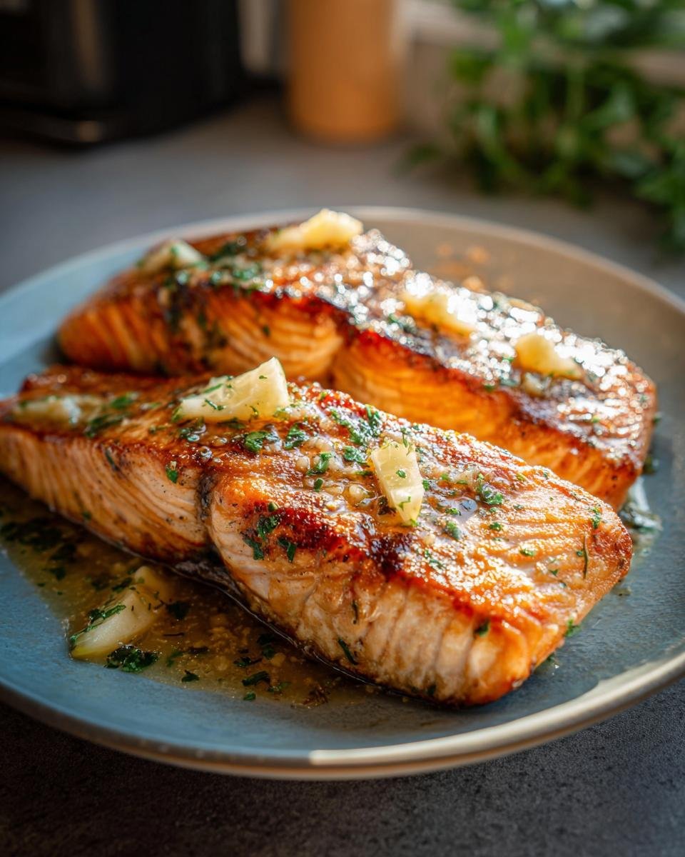 Drei saftige Lachsfilets aus der Pfanne mit Zitronensaft, garniert mit Petersilie und Zitronenspalten auf einem blauen Teller.
