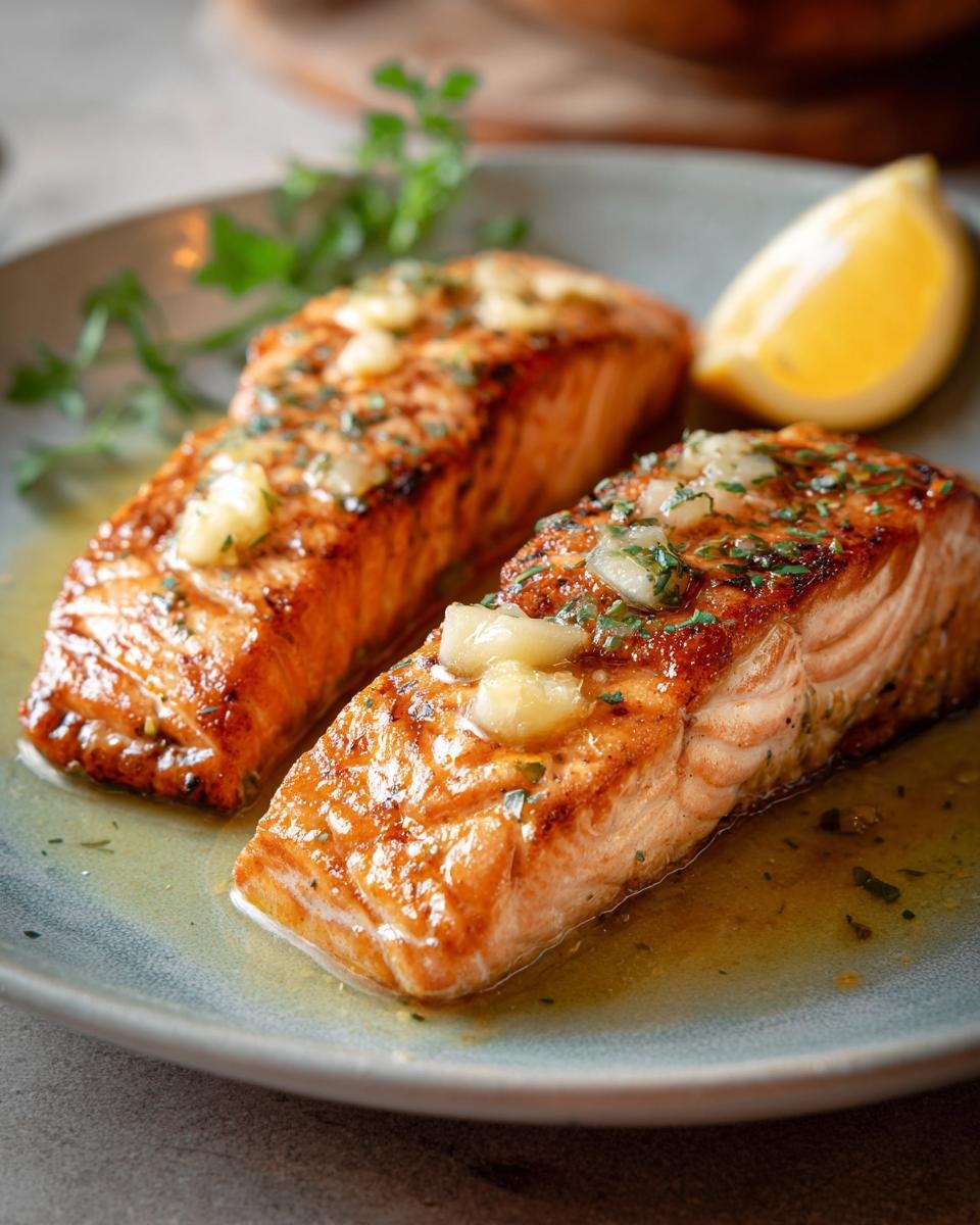 Zwei perfekt gebratene Lachsfilets aus der Pfanne mit Zitronensaft, garniert mit Kräutern und Zitrone.