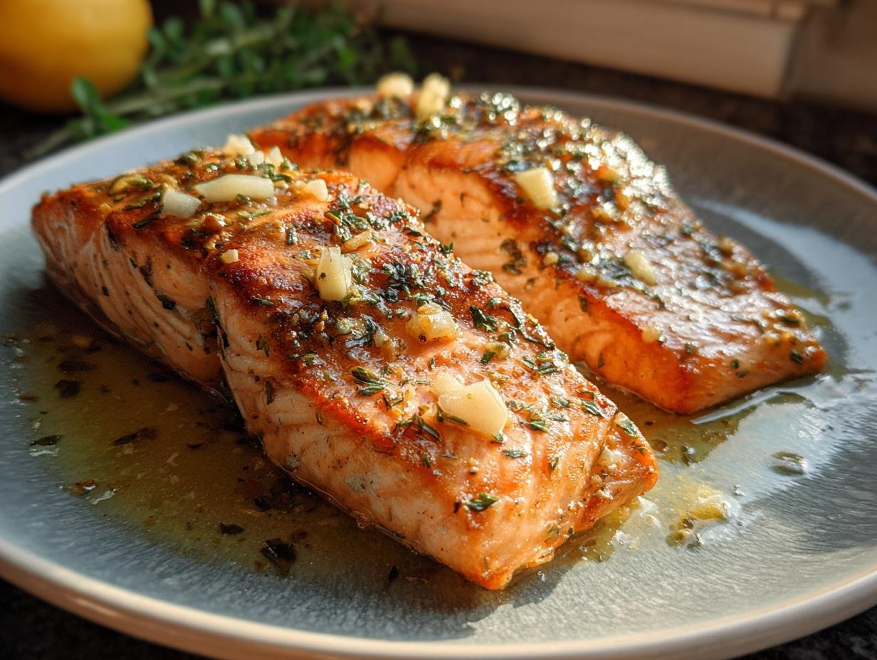 Zwei saftige Lachsfilets aus der Pfanne mit Zitronensaft, Knoblauch und Kräutern auf einem Teller.