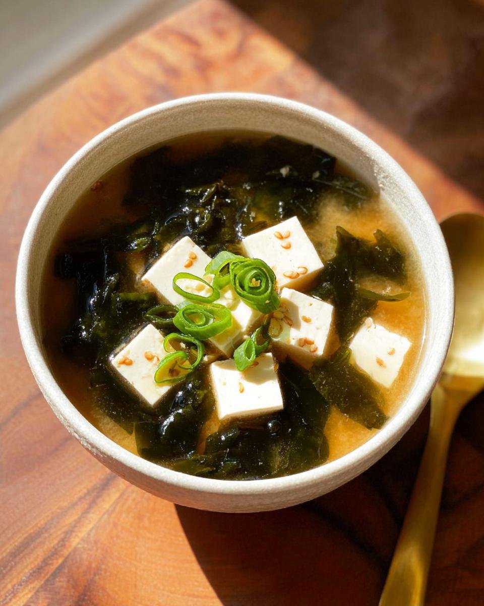 Eine Schüssel mit Miso-Suppe mit Tofu & Algen, garniert mit Frühlingszwiebeln und Sesam.
