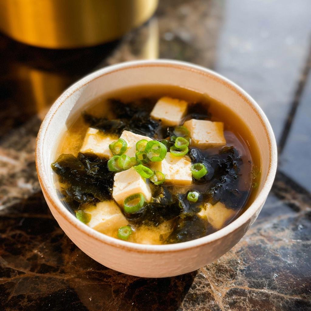 Eine Schüssel Miso-Suppe mit Tofu & Algen, garniert mit Frühlingszwiebeln.