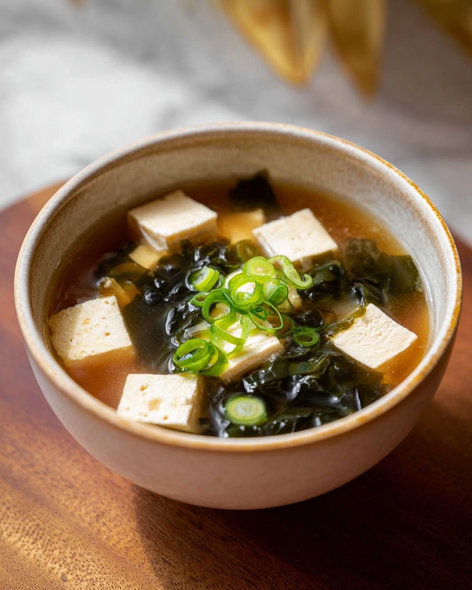 Eine Schüssel Miso-Suppe mit Tofu & Algen, garniert mit Frühlingszwiebeln, serviert auf einem Holzteller.