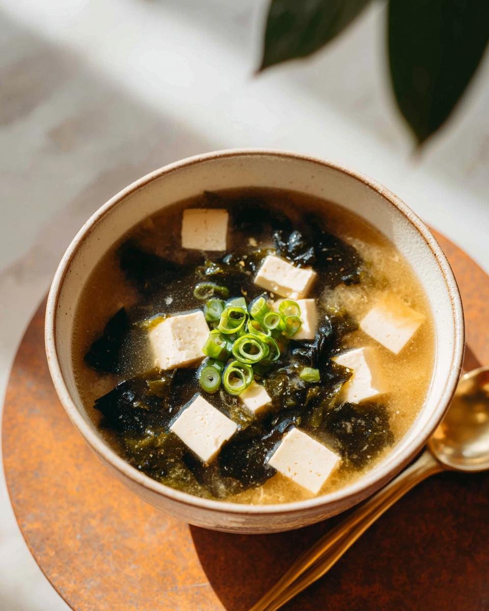 Eine Schüssel Miso-Suppe mit Tofu & Algen, garniert mit Frühlingszwiebeln, serviert mit einem goldenen Löffel.