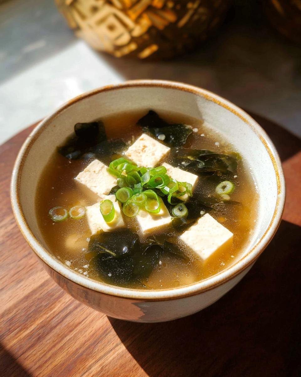 Eine Schüssel mit Miso-Suppe mit Tofu & Algen, garniert mit Frühlingszwiebeln.