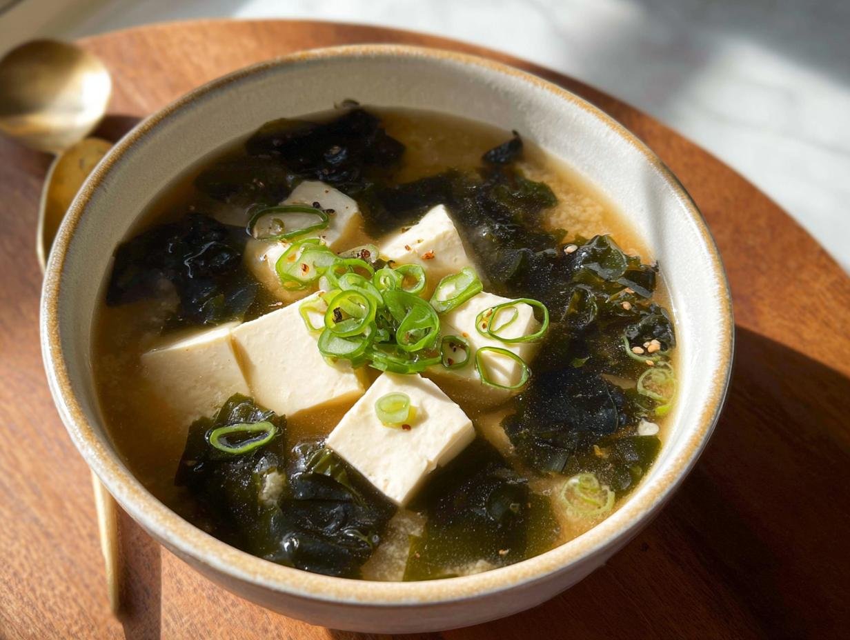 Eine Schüssel Miso-Suppe mit Tofu & Algen, garniert mit Frühlingszwiebeln.