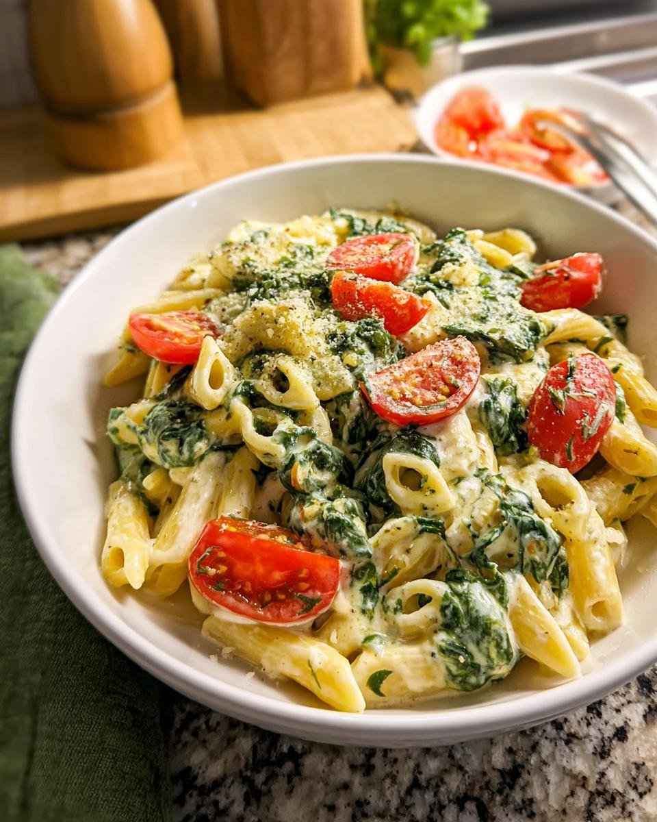 A bowl of Nudeln mit Frischkäse-Spinat-Sauce, featuring penne pasta coated in a creamy sauce with spinach and topped with cherry tomatoes.