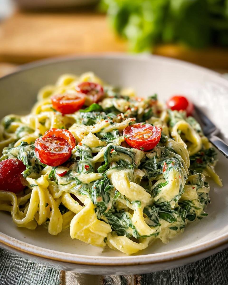 Close-up of Nudeln mit Frischkäse-Spinat-Sauce, featuring creamy pasta with spinach and cherry tomatoes.