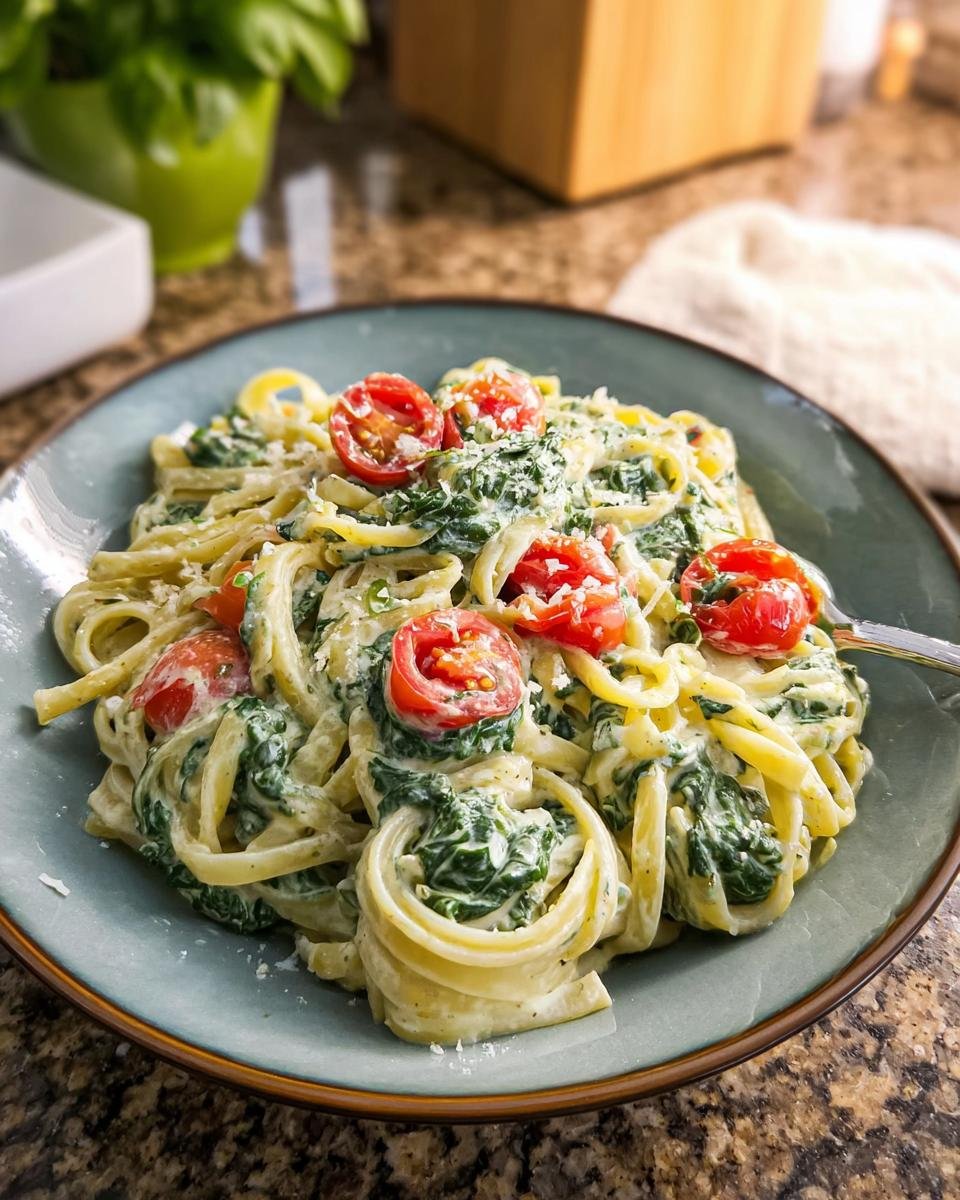 Close-up of Nudeln mit Frischkäse-Spinat-Sauce, featuring fettuccine pasta with creamy spinach sauce and cherry tomatoes.