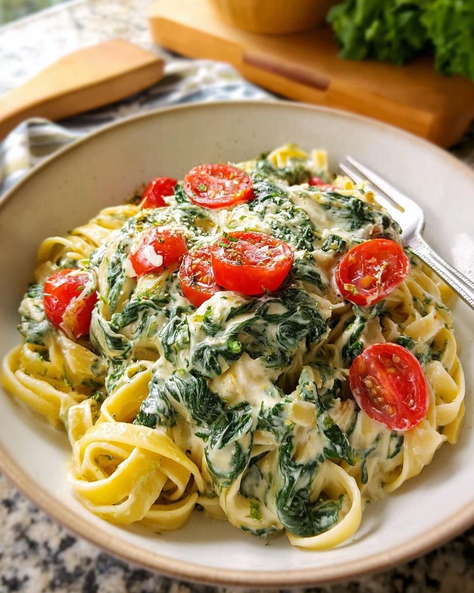 Close-up of Nudeln mit Frischkäse-Spinat-Sauce, featuring fettuccine pasta with a creamy spinach and cream cheese sauce, topped with cherry tomatoes.