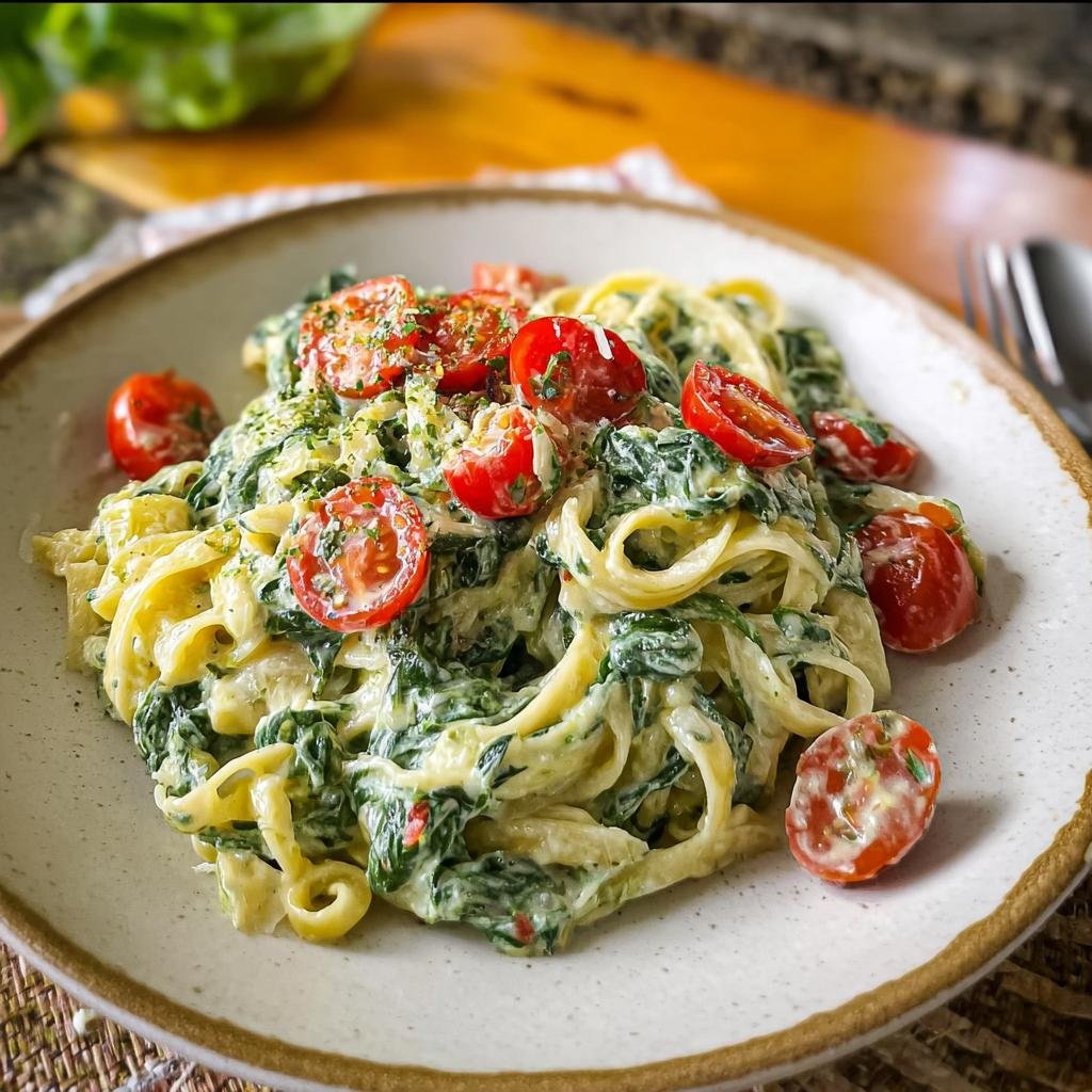 A close-up of Nudeln mit Frischkäse-Spinat-Sauce, featuring fettuccine pasta coated in a creamy sauce with spinach and topped with cherry tomatoes.