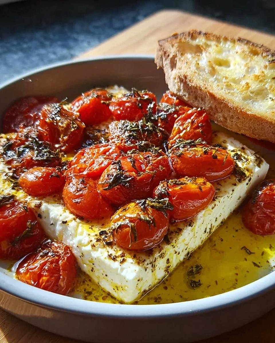 A block of feta cheese baked with cherry tomatoes and herbs, served with toasted bread. Ofen-Feta mit Tomaten.