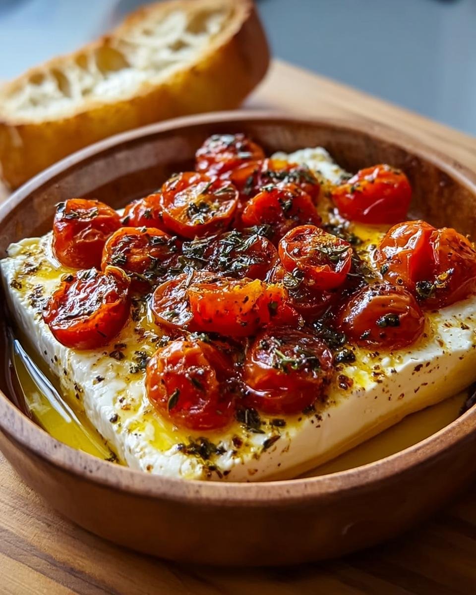 Close-up of Ofen-Feta mit Tomaten, a baked feta cheese dish topped with roasted cherry tomatoes and herbs, served in a wooden bowl with bread.