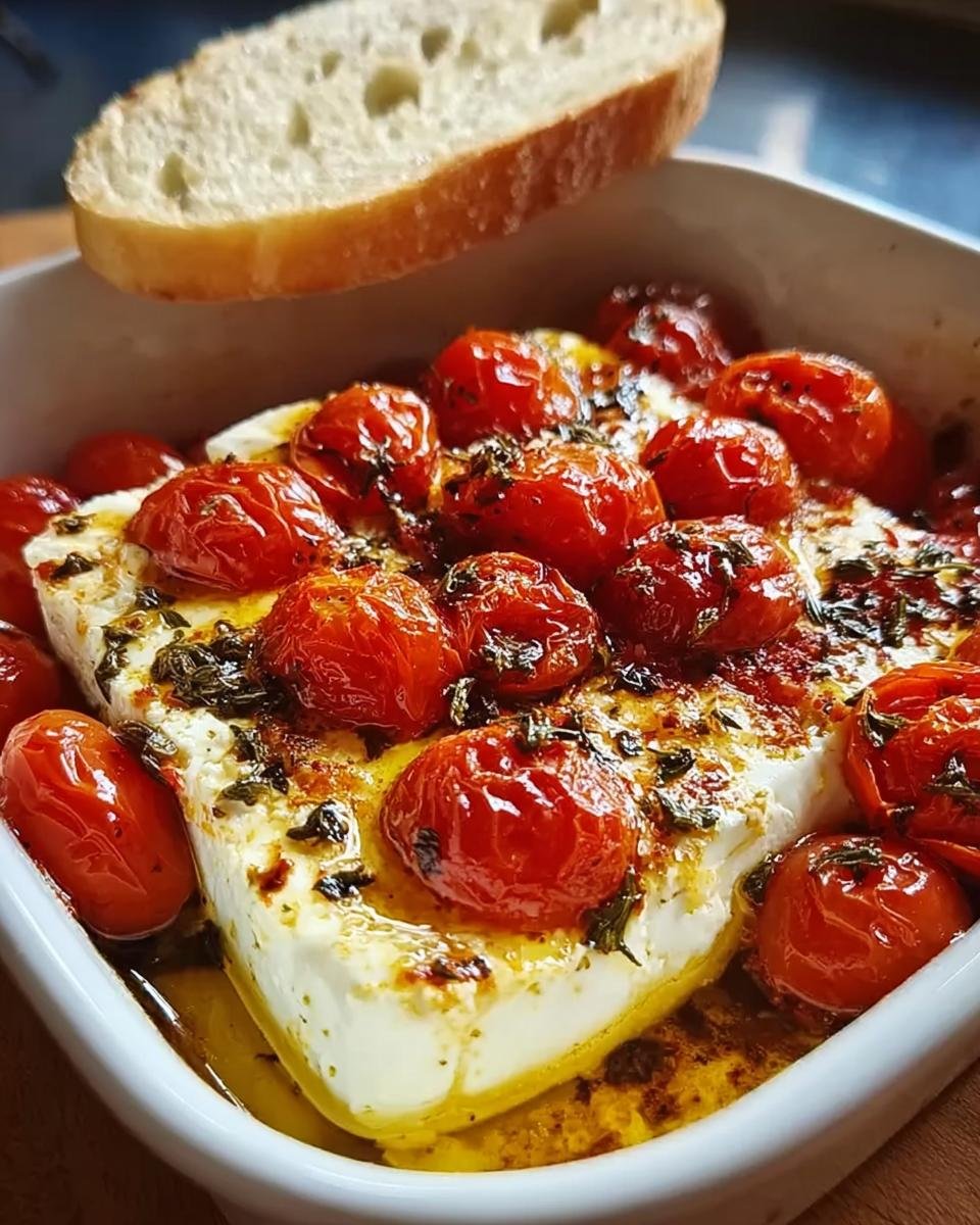 Close-up of baked feta cheese with cherry tomatoes and herbs, served with a slice of bread. A quick German dish.