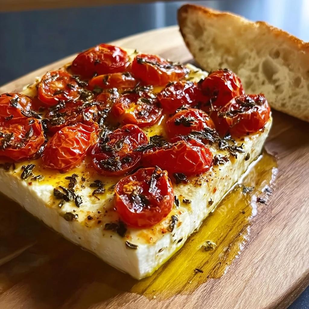 Ofen-Feta mit Tomaten, gebacken mit Kräutern und Olivenöl, serviert mit Brot.