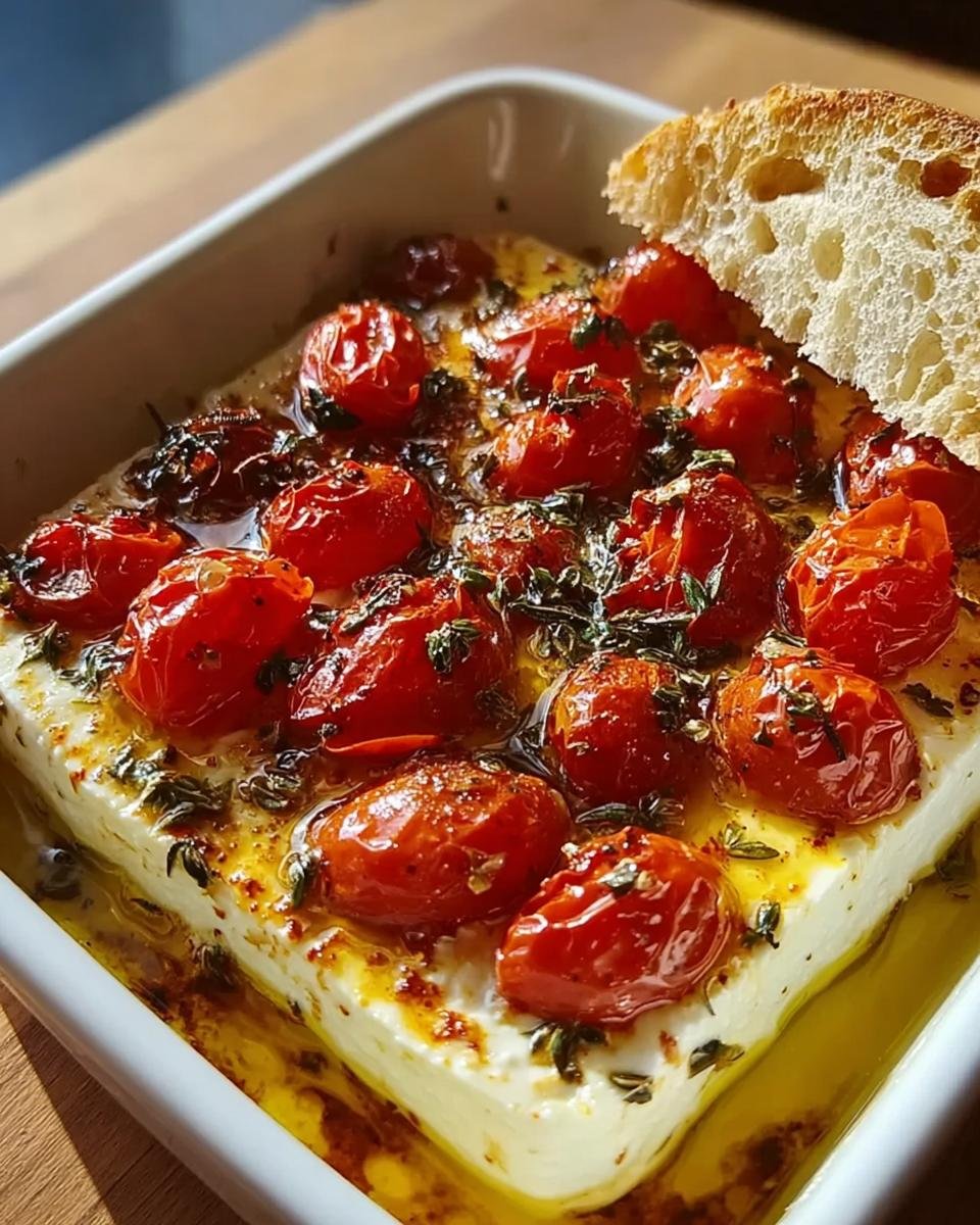 Ofen-Feta mit Tomaten in einer Auflaufform, mit einem Stück Brot zum Dippen.