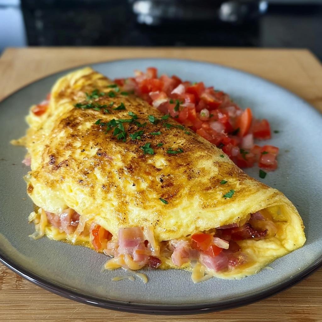 Ein goldbraunes Omelett mit Käse und Tomaten gefüllt, daneben eine Portion gewürfelter Tomaten, garniert mit Petersilie.