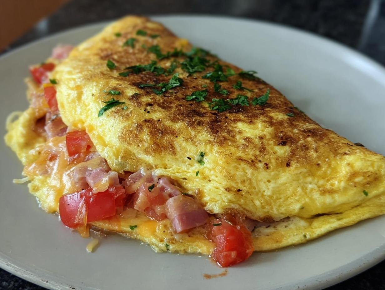 A folded omelett mit Käse & Tomaten, filled with cheese, diced tomatoes, and ham, garnished with parsley.