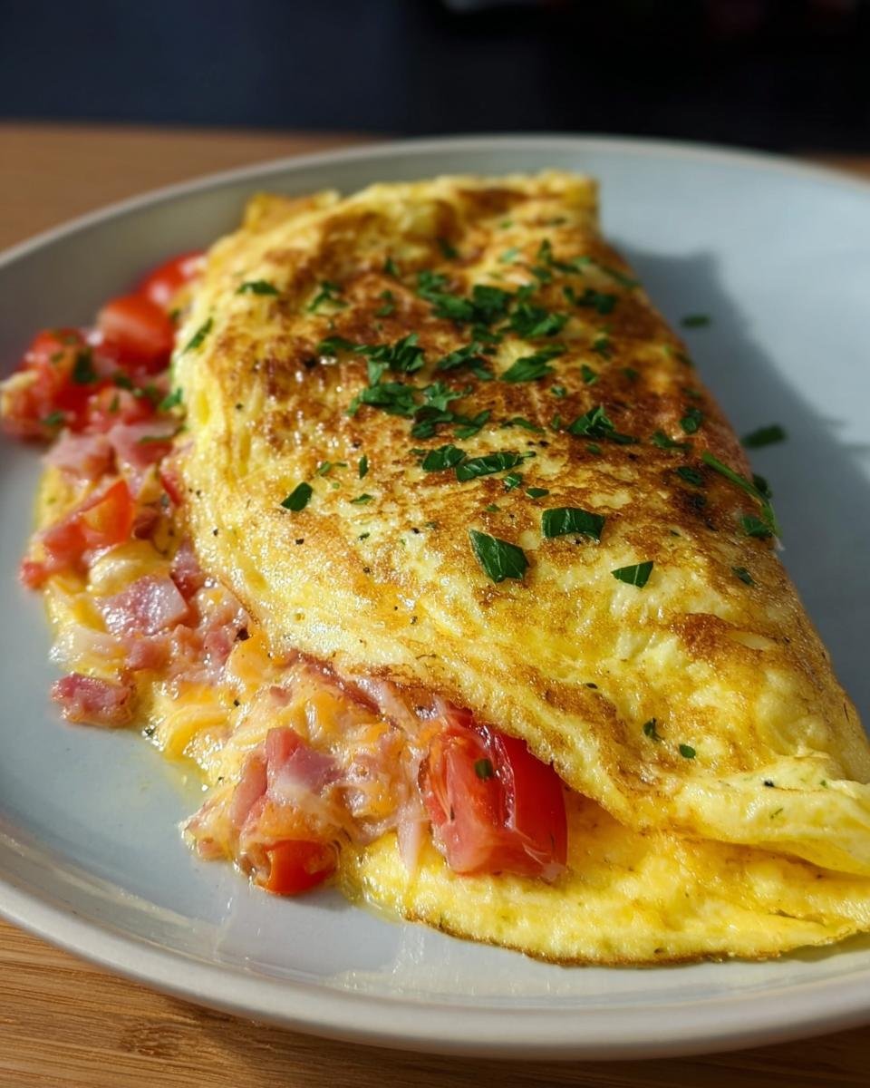 A golden-brown omelett mit Käse & Tomaten, folded in half, with melted cheese, diced tomatoes, and herbs visible inside.