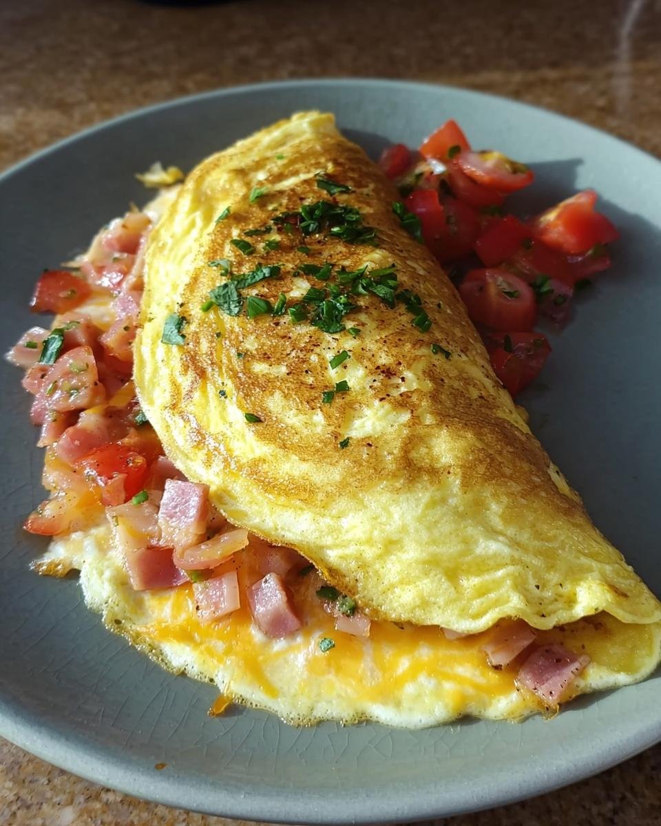 Ein perfekt zubereitetes Omelett mit Käse & Tomaten, garniert mit frischer Petersilie, auf einem grauen Teller serviert.