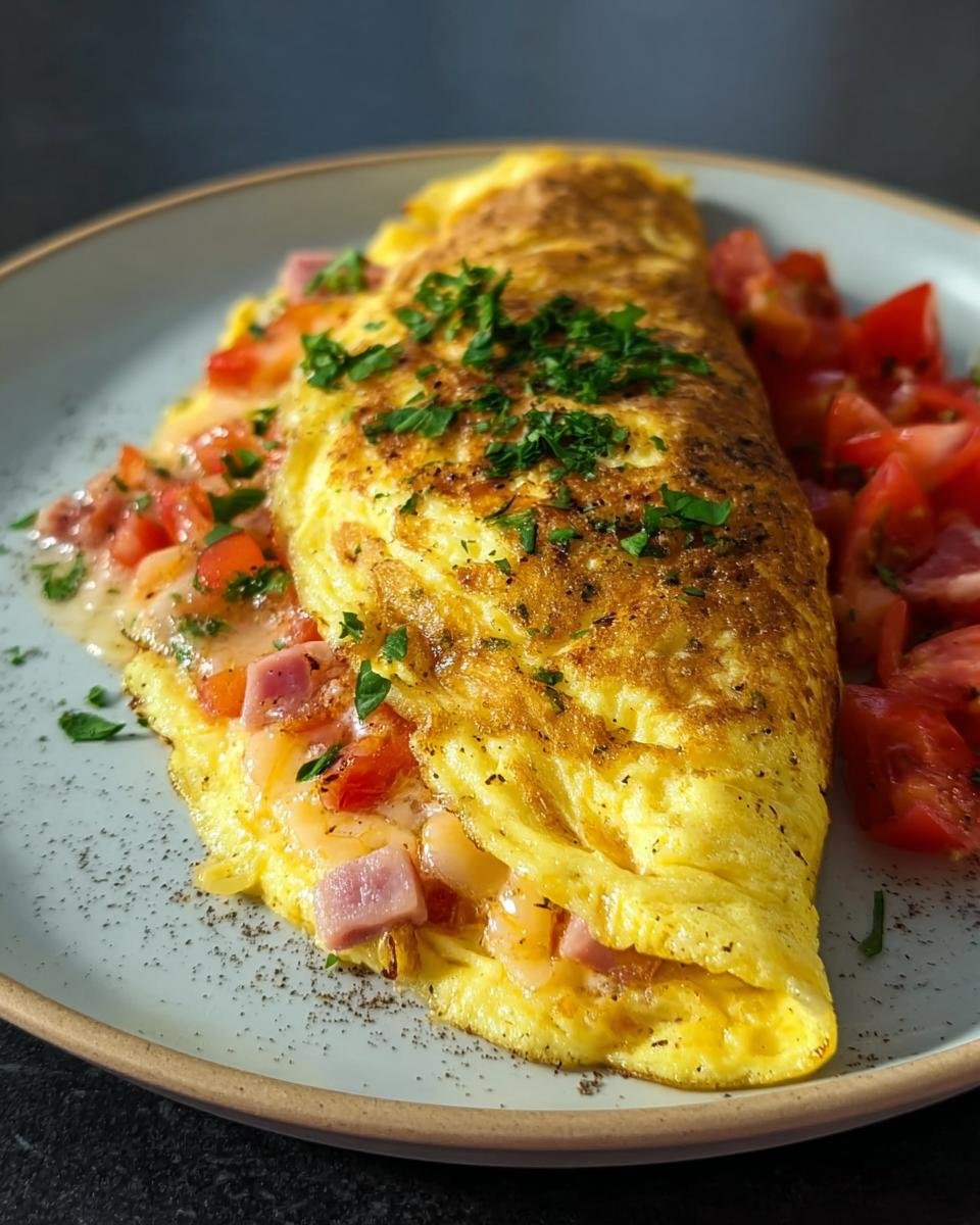 A golden-brown omelett mit Käse & Tomaten, filled with cheese and ham, garnished with parsley, served with chopped tomatoes.