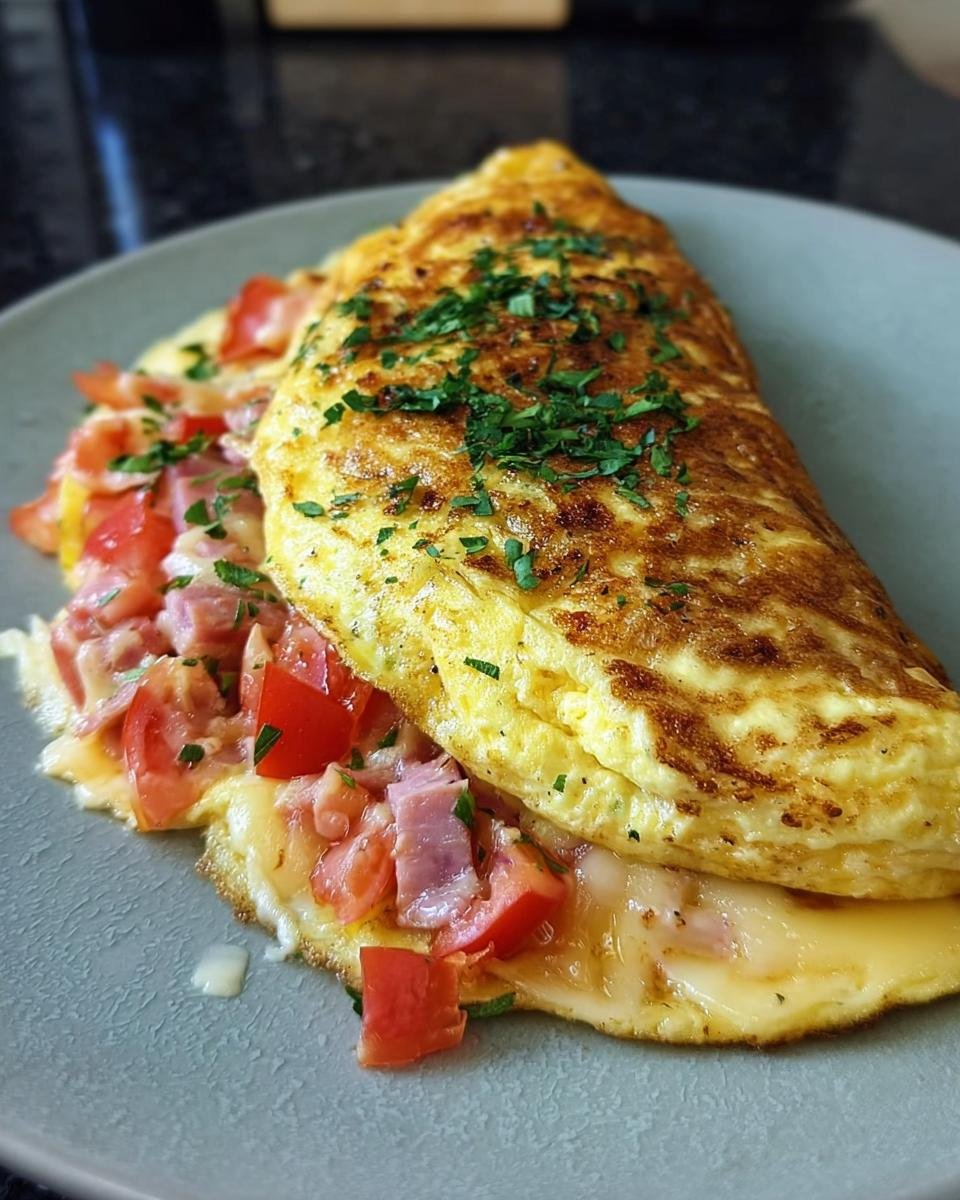 Ein goldbraunes Omelett mit Käse und Tomaten gefüllt, bestreut mit frischer Petersilie.