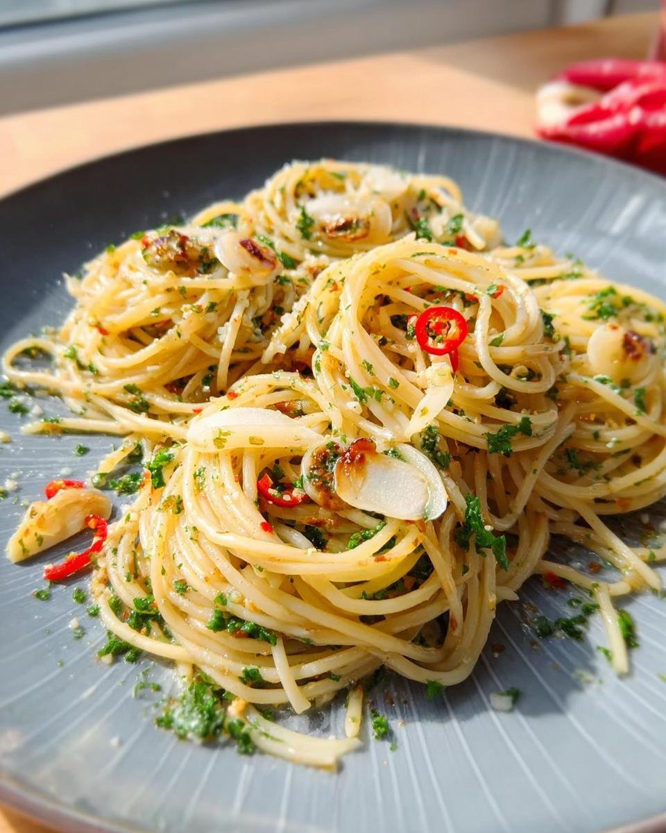 Close-up of Pasta Aglio e Olio mit Chili, showing spaghetti with garlic, chili flakes, and parsley.