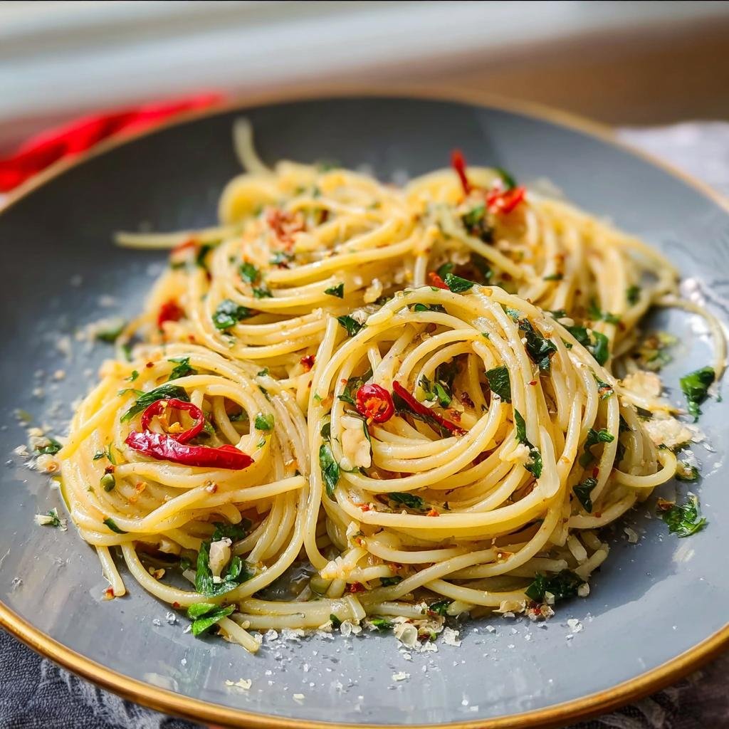 Close-up of Pasta Aglio e Olio mit Chili, featuring spaghetti tossed with garlic, chili flakes, and parsley on a grey plate.