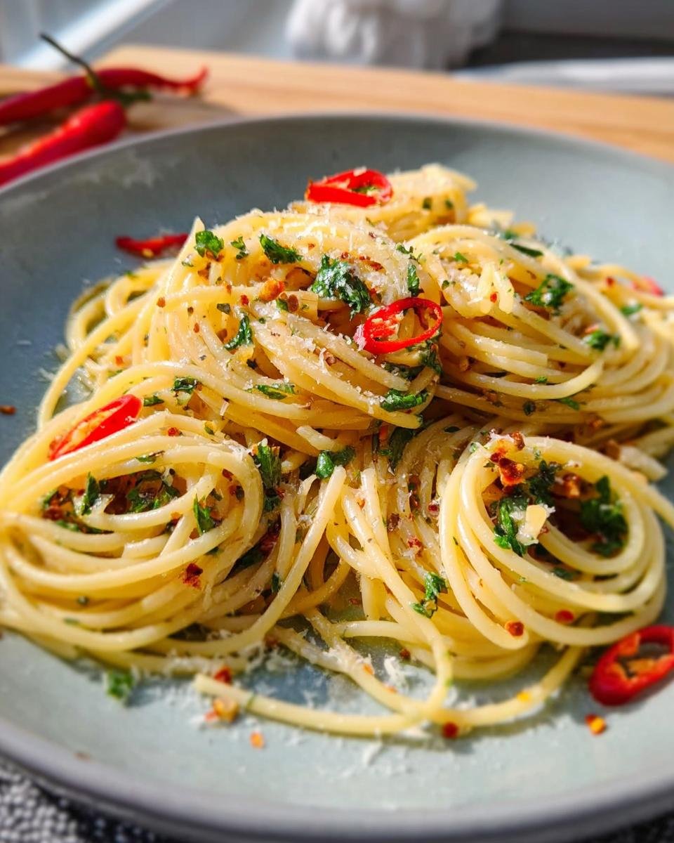 A close-up of Pasta Aglio e Olio mit Chili, garnished with fresh parsley and red chili slices.
