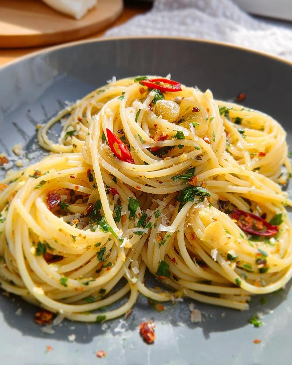 Close-up of Pasta Aglio e Olio mit Chili, featuring spaghetti with garlic, chili flakes, parsley, and red chili slices.