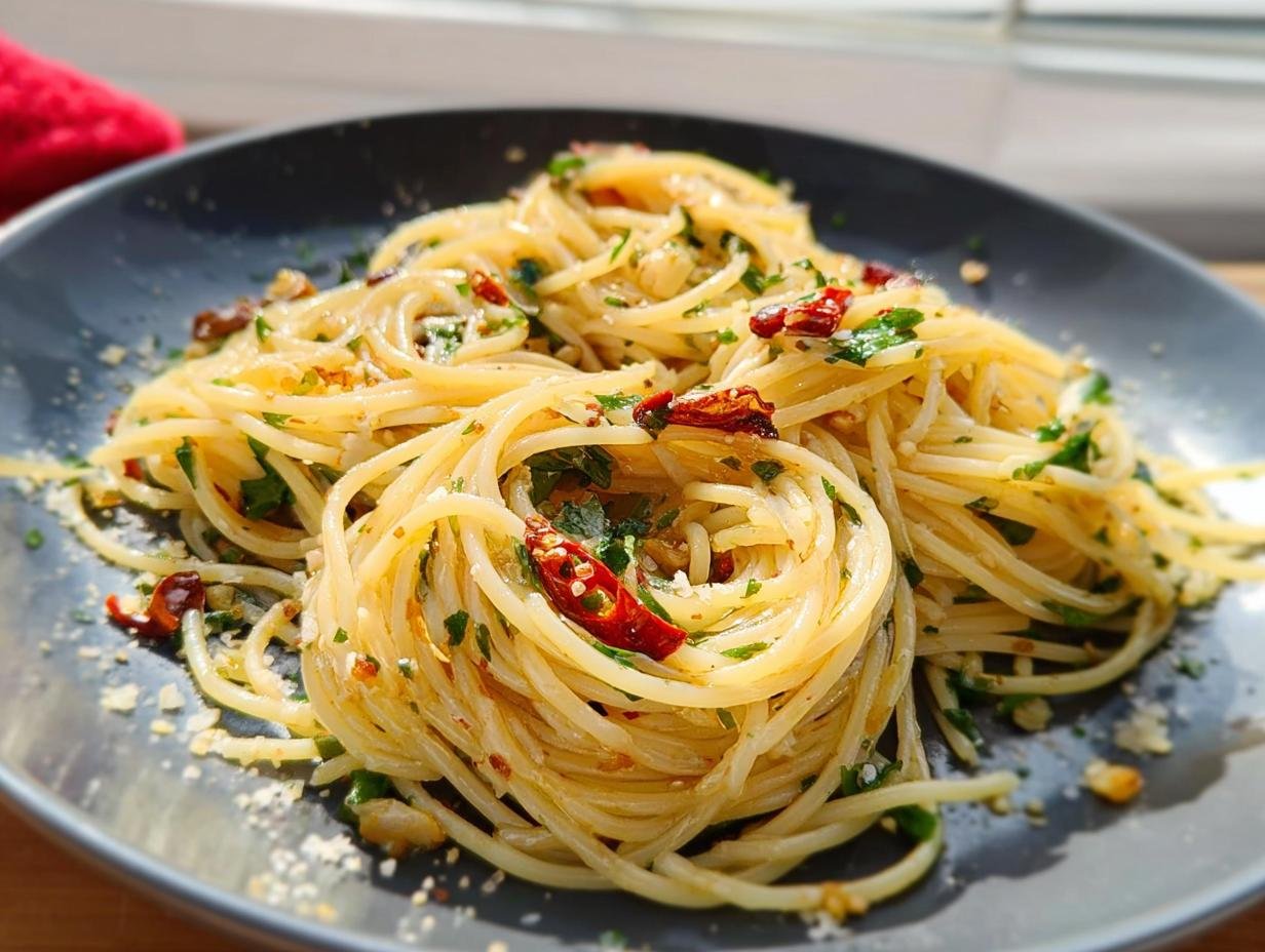 A close-up of Pasta Aglio e Olio mit Chili, featuring spaghetti with garlic, chili flakes, and parsley.