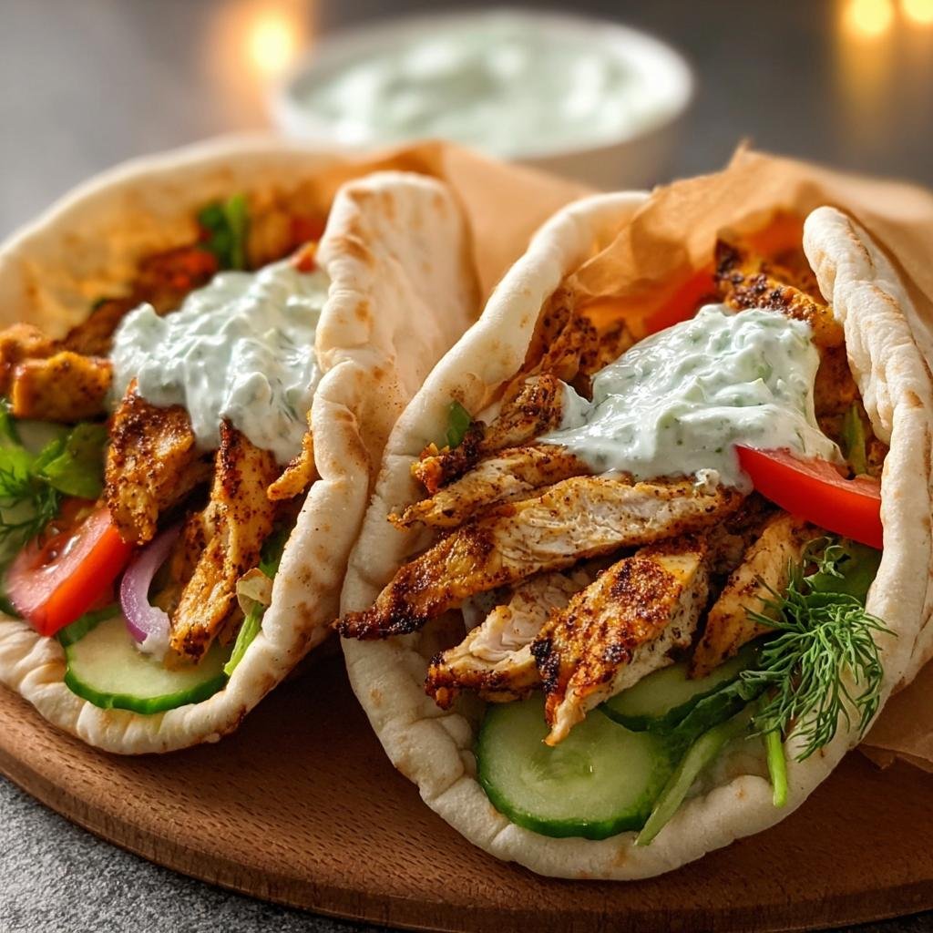 Zwei Pita-Taschen gefüllt mit gegrilltem Hähnchen, frischem Salat, Tomaten, Gurken und Tzatziki-Sauce.