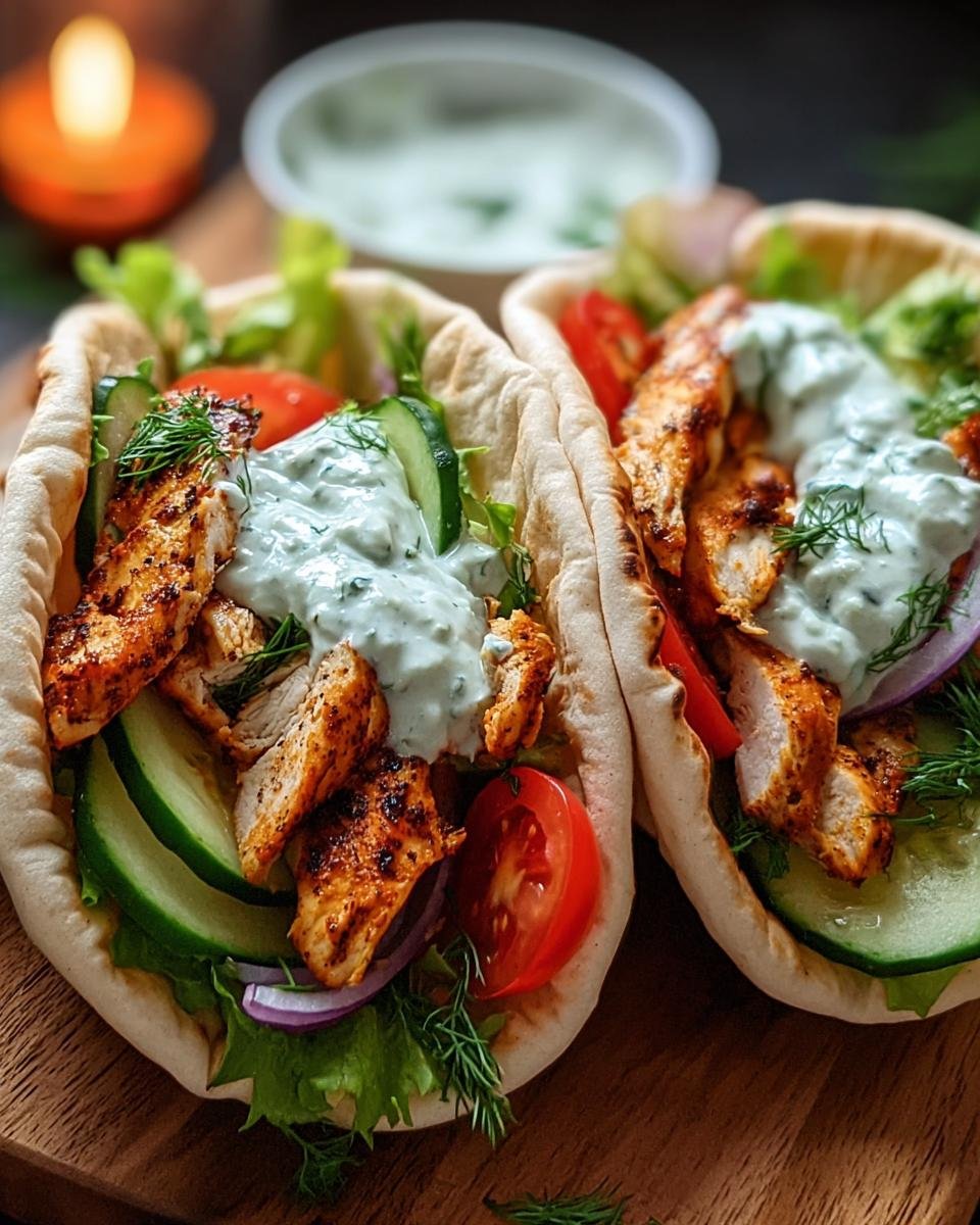 Zwei Pita-Taschen gefüllt mit gegrilltem Hähnchen, frischem Gemüse und Tzatziki-Sauce, bereit zum Genuss.