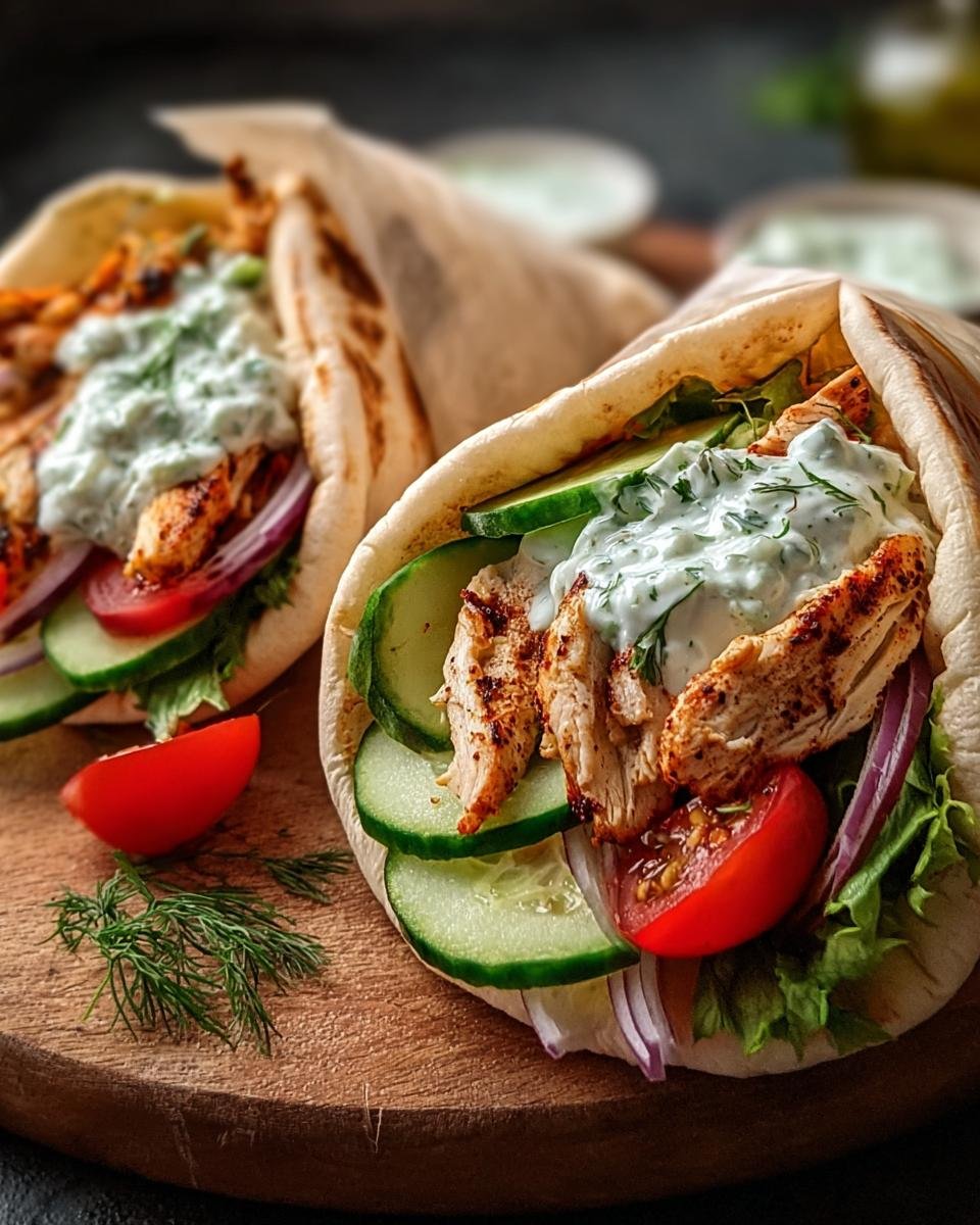 Zwei leckere Pita-Taschen mit Hähnchen und Tzatziki, gefüllt mit Gurken, Tomaten und Zwiebeln.