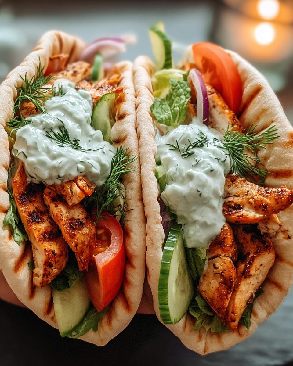 Zwei gefüllte Pita-Taschen mit gegrilltem Hähnchen, frischem Gemüse und cremigem Tzatziki.