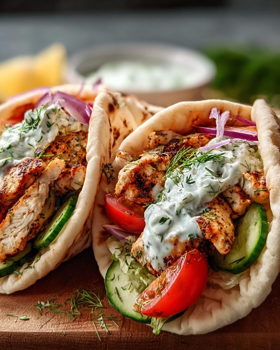 Nahaufnahme von Pita-Taschen mit Hähnchen & Tzatziki, gefüllt mit gegrilltem Hähnchen, Gurken, Tomaten und roten Zwiebeln.