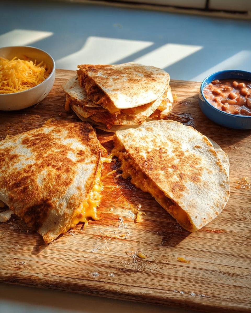 Golden brown Quesadillas mit Käse & Bohnen, cut in half, served with a side of baked beans and shredded cheese.
