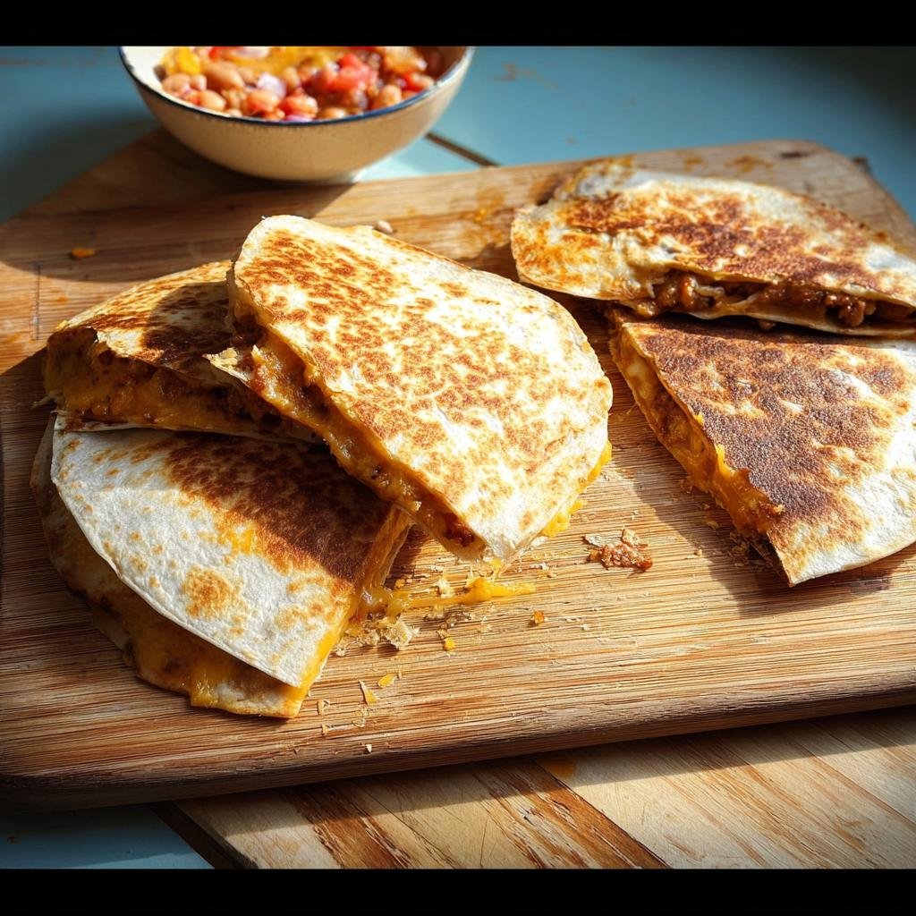 Golden brown Quesadillas mit Käse & Bohnen, cut into wedges, with melted cheese oozing out, served on a wooden board with a side of salsa.