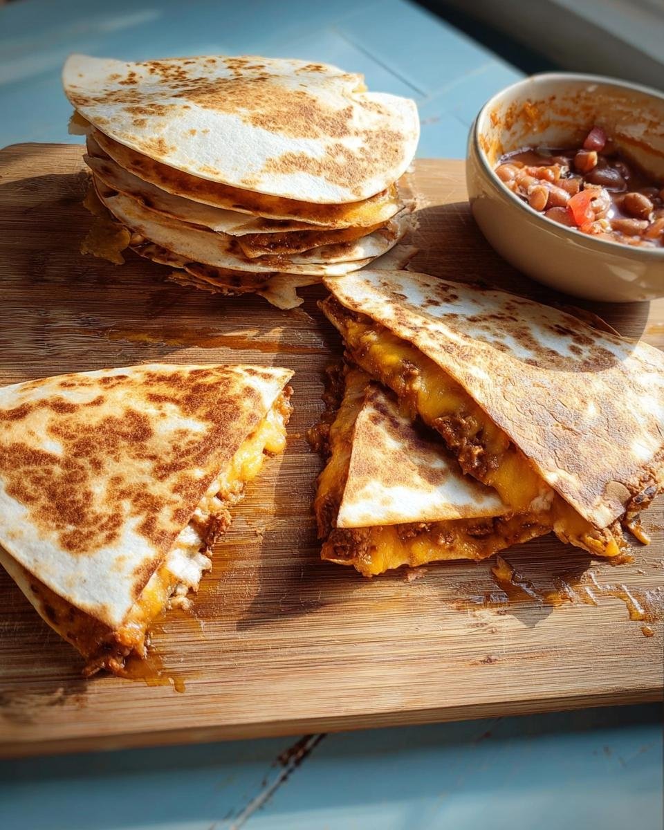 Close-up of delicious Quesadillas mit Käse & Bohnen, golden brown and filled with melted cheese and savory ingredients.